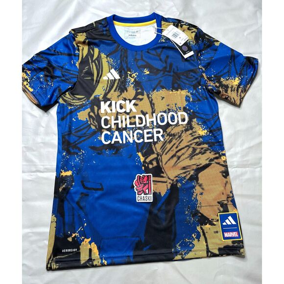 Adidas Men Medium X Marvel Kick Childhood Cancer Pre-Match Soccer Jersey HT3238 - Picture 1 of 11